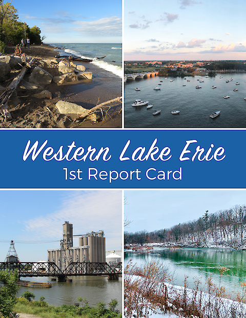 The cover of the Western Lake Erie Report Card with four photos of different parts of the lake and watershed areas.