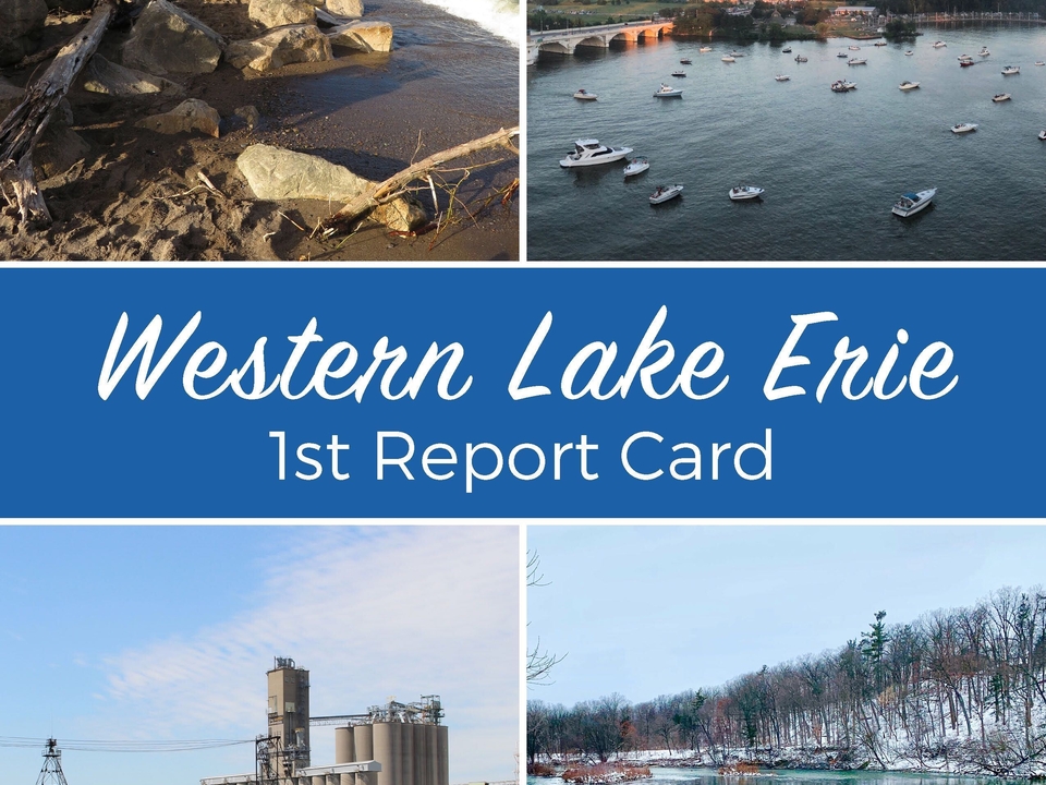 Cover of an environmental report card for Western Lake Erie with four total pictures of surrounding area.