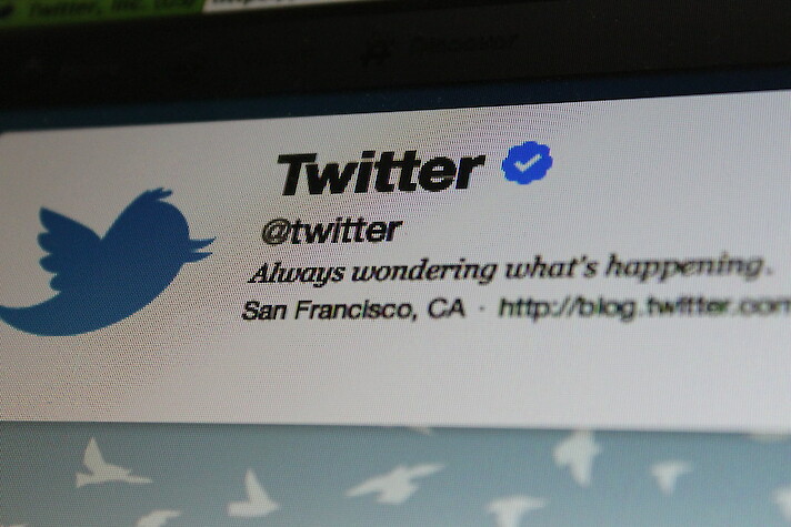 Image of the Twitter logo, which is a blue bird, next to a generic Twitter handle.