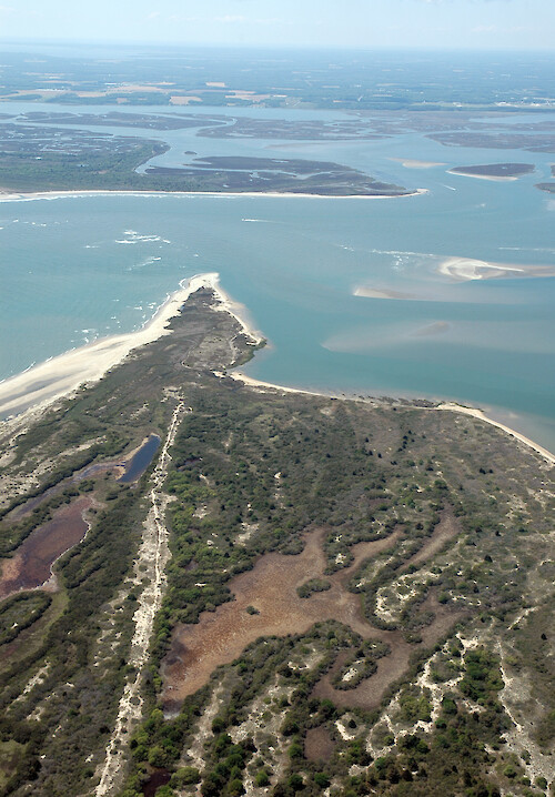 Chincoteague Inlet in Virginia, looking west. Assateague Island is in the foreground.