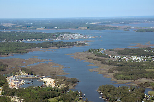 Herring and Turville Creeks in Isle of Wight Bay watershed. Herring Creek is in the foreground and St. Martin River is in the background. The marina in the front left is under development at the Riddle Farm development.