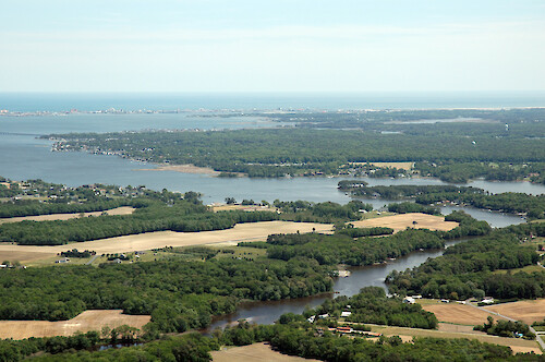 Looking towards the mouth of St. Martin River. Bishopville Prong is in the foreground, and Isle of Wight Bay is in the background.