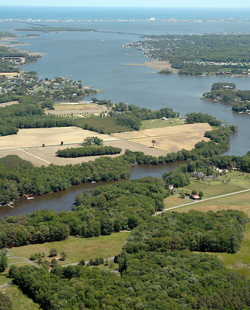 Looking towards the mouth of St. Martin River. Bishopville Prong is in the foreground, and Isle of Wight Bay is in the background.