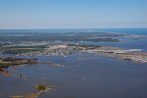 The mouth of Roy Creek, which drains into Assawoman Bay. Little Assawoman Bay in Delaware is in the background.