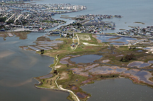 Aerial view of the canal joining Little Assawoman Bay (bottom left) with Assawoman Bay (top right)