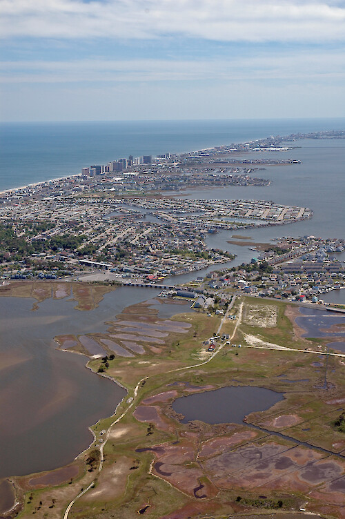 Aerial view of the canal joining Little Assawoman Bay (bottom left) with Assawoman Bay (top right)
