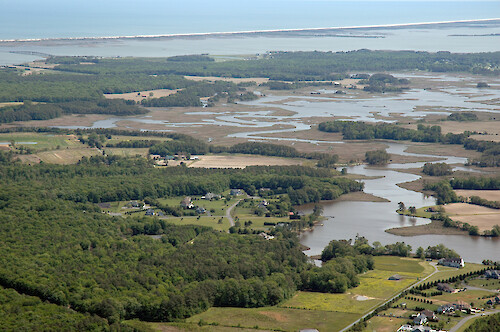 Looking along Trappe Creek towards Newport Bay. Sinepuxent Bay and Assateague Island are in the background.
