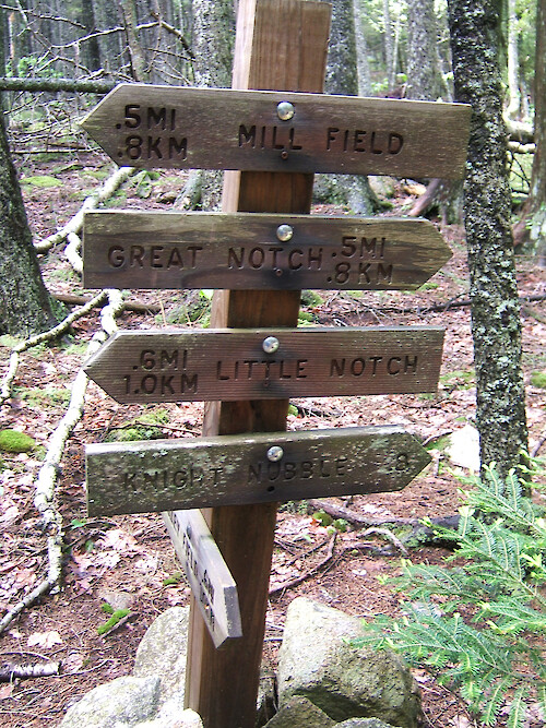 Sign crossing along hike in Acadia National Park, Maine
