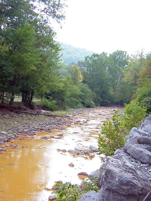 Acidic mine drainage through streams near Savage River State Forest in Garrett County, western Maryland.