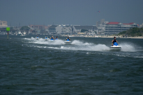 A large group of jet skiers off Ocean City, Maryland Coastal Bays