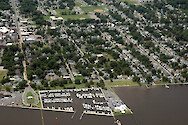The historic district of Cambridge, Maryland. In the foreground is the marina at Long Wharf