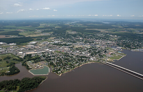 The Cambridge wastewater treatment plant, with downtown Cambridge in the background and the Choptank River Bridge on the right