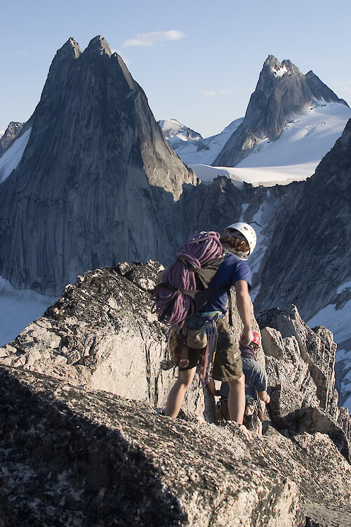 Rockclimbers descending from a route in the Bugaboos (Northern Purcell Range in British Columbia).