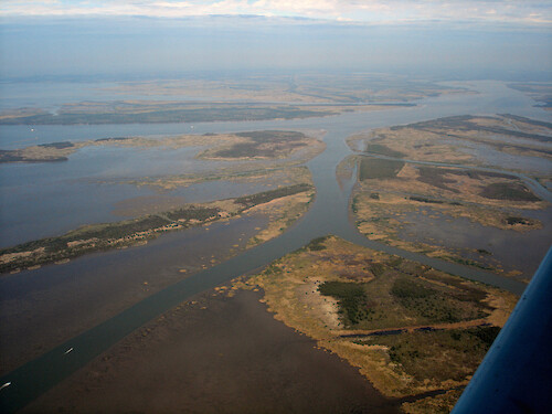 Aerial photo of the mouth of the Atchafalaya River in Louisiana 