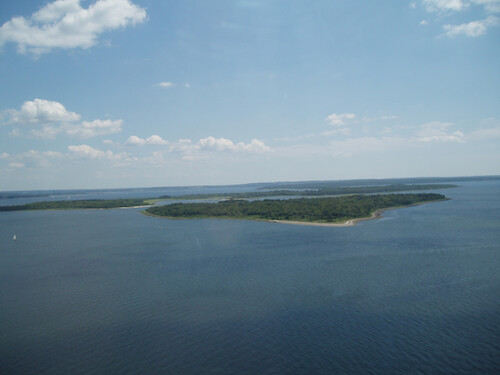 helicopter view of Patience + Prudence Islands looking down-Bay.
