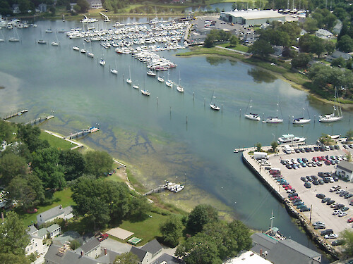 Wickford Harbor RI from helicopter. water appears to have sulfur precipitate - extreme low DO event in this period Aug 2006