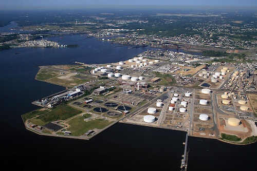 Fairfield Industrial Park on the Patapsco River, Baltimore, including oil tank farms and the Patapsco Wastewater Treatment Plant. Curtis Creek is in the background.