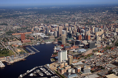 Inner Harbor and downtown Baltimore on the Northwest Branch of the Patapsco River.