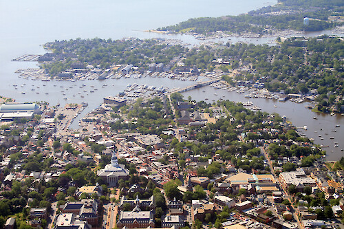 Downtown Annapolis. Spa Creek is in the middle, Eastport and Back Creek are in the background.