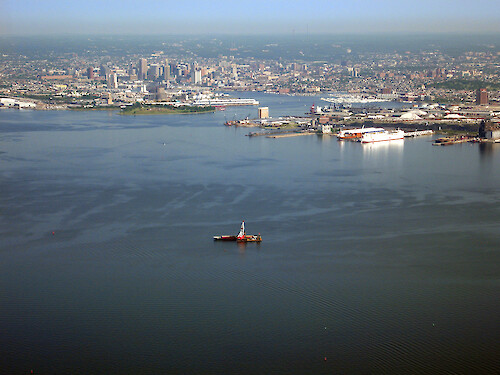 Patapsco river looking into Baltimore harbor and the city of Baltimore.