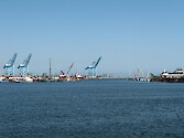 Cargo boats and cranes in Los Angeles Harbor.
