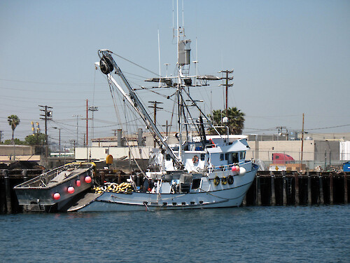 Fishing boat docked at Terminal Island in the Los Angeles Harbor. 