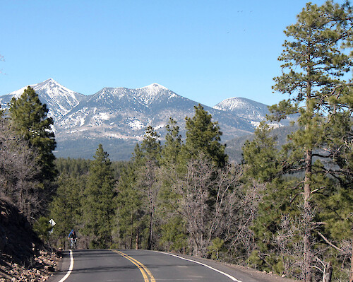 Bikers coming up Mars Hill in Flagstaff, AZ. The San Francisco peaks are in the background. 