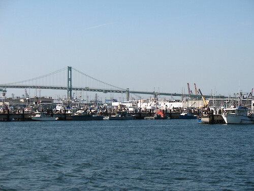 View of Vincent Thomas bridge leading to Terminal Island. 