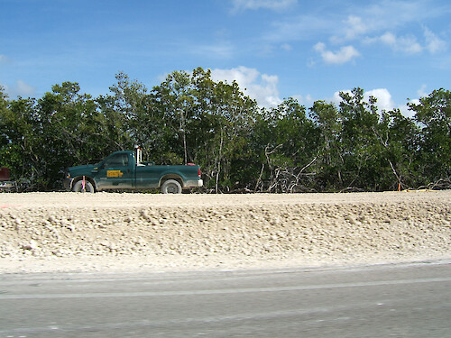 A construction truck associated with the widening of Route 1 on the way to the Florida Keys.