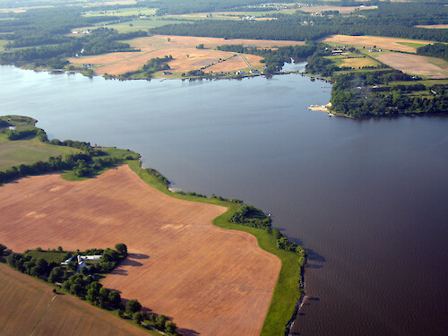 Mouth of the Corisca River, flowing into the Chester River, Eastern Shore, Chesapeake Bay. The river is surrounded by agriculture. Some buffer zones are visible.