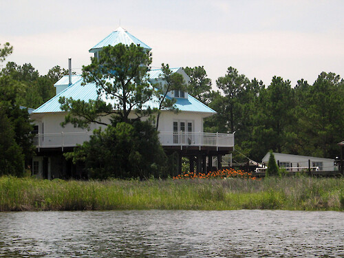 A unique house along Monie Creek not far from the salt marsh and shoreline.