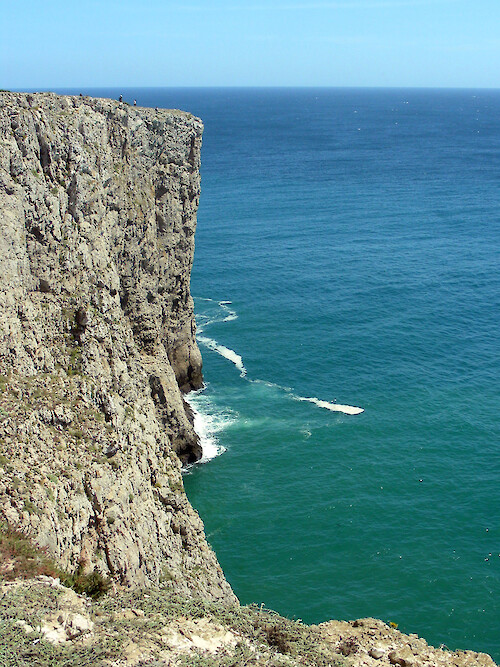 Cliffs overlooking the ocean waters near Cape Saint Vincent in SW Portugal. Note size of people atop cliff for scale.