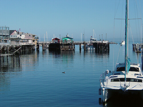 Looking across the marina to Fisherman's Wharf which juts into Monterey Bay. 