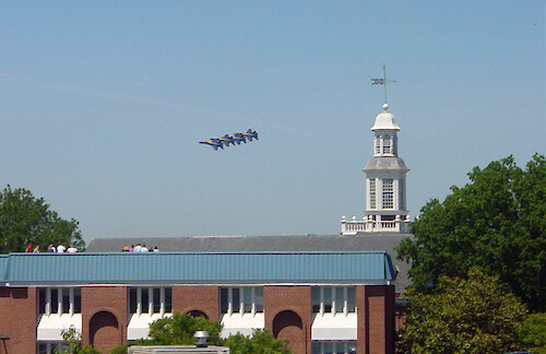 Blue Angels airshow for the Naval Academy Graduation fly around St. Johns College.