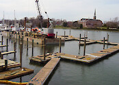 Marina dock building in Annapolis. View from Compromise St. drawbridge.