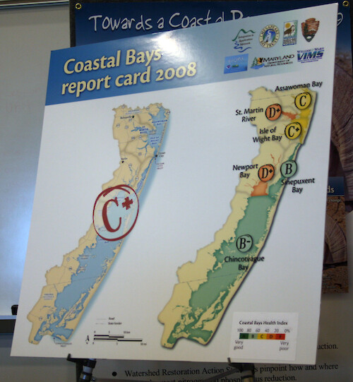 First annual release of the Maryland's Coastal Bays Report Card. These sensitive coastal lagoons received an overall grade of C+ for 2008. Scientists, the Maryland Coastal Bays Program, National Parks Service, state and local politicians, other dignitaries, and the general public gathered to hear the assessment which was based on water quality and other monitoring data and disseminated widely through various media. The Report Card was a collaboration between several entities, including the University of Maryland Center for Environmental Science, IAN, EcoCheck, and the Maryland Coastal Bays Program. 