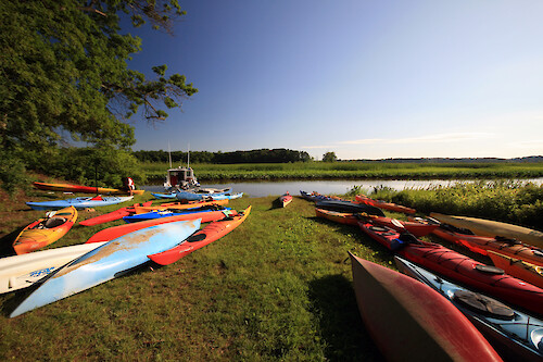 Kayaks awaiting their paddlers on the morning of the final day of the 4-day Patuxent Sojourn paddle