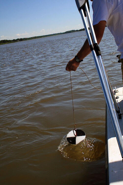 Tom Leigh, Riverkeeper at the Chester River Association, measuring Secchi depth, an indicator of water clarity