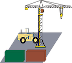 Illustration of port with crane, cargo, and forklift