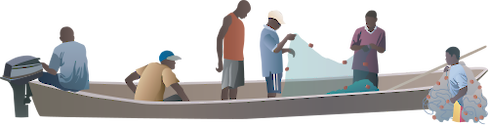 Illustration of six crew members on net fishing boat
