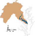 Illustration locator map of Potomac River watershed in Maryland, USA