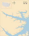 Illustration map of Pamlico and Pungo Rivers in North Carolina, USA