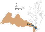 Illustration locator map of James River watershed in Virginia, USA