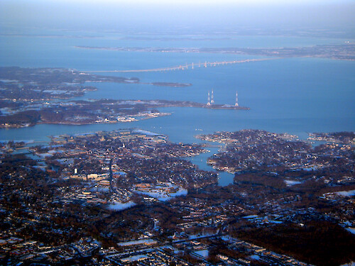 Aerial view of the city and neighborhoods of Annapolis and the Chesapeake Bay, Maryland.