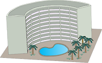 Illustration of a luxury high rise condominimum with a pool and tropical trees