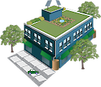 Illustration of a green, or eco-friendly building with a green roof surrounded by trees using solar power and with a pervious parking lot