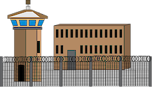 Illustration of a prison tower, with fence in front and prison behind