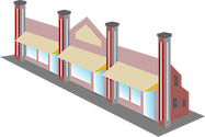 Illustration of a strip mall, a sideways view of storefronts