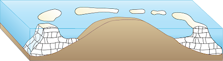 Illustration of reef base with volcanic island and barrier reef