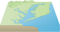 Illustration map of Chesapeake Bay with mountains and shelf in Maryland and Virginia, USA